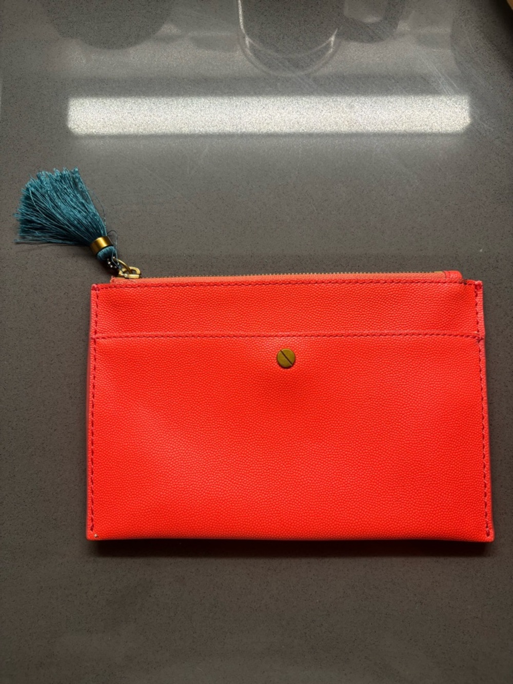 J.Crew Saffiano Leather Tassel Pouch – Bright Orange Coral Front Pocket Clutch